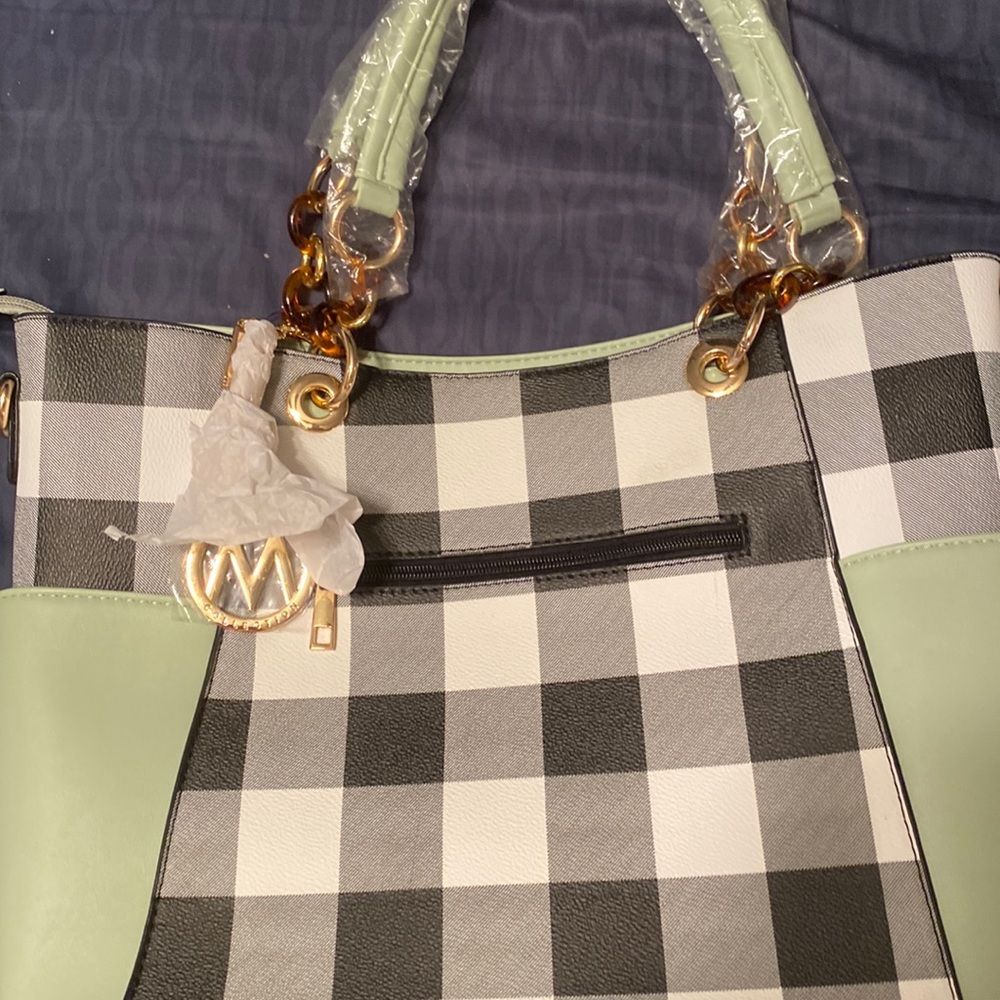 mint plaid w matching wristlet adjustable strap tote